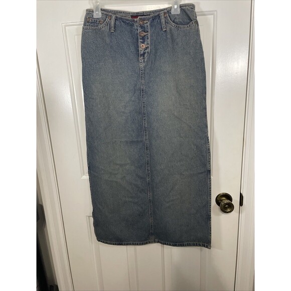 Vtg Denim Maxi Skirt Grunge Wash Long Straight Jean Skirt Women’s 3/4 Slits Y2K - Picture 1 of 7